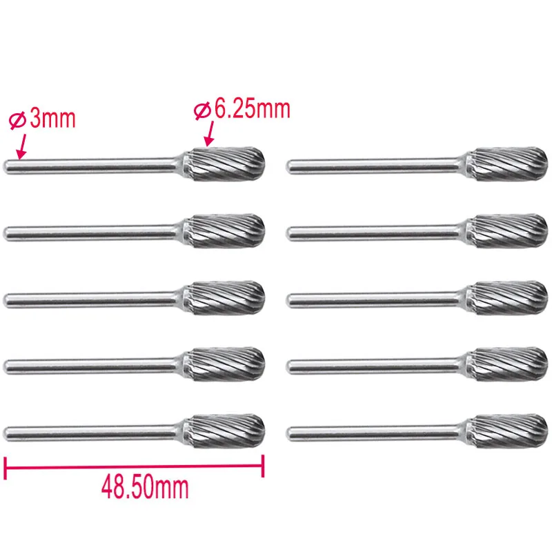 10pcs Tungsten Steel Polish End Mill Straight Shank 3x6.25mm Flute Solid Carbide Milling Cutter