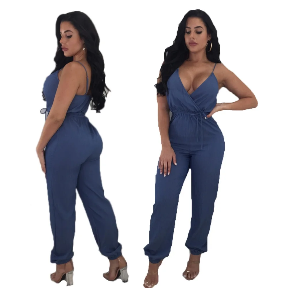 2019 Mùa Hè Phụ Nữ V-Cổ Jumpsuit Rắn màu cộng với kích thước Quần Áo Bodysuit Sexy