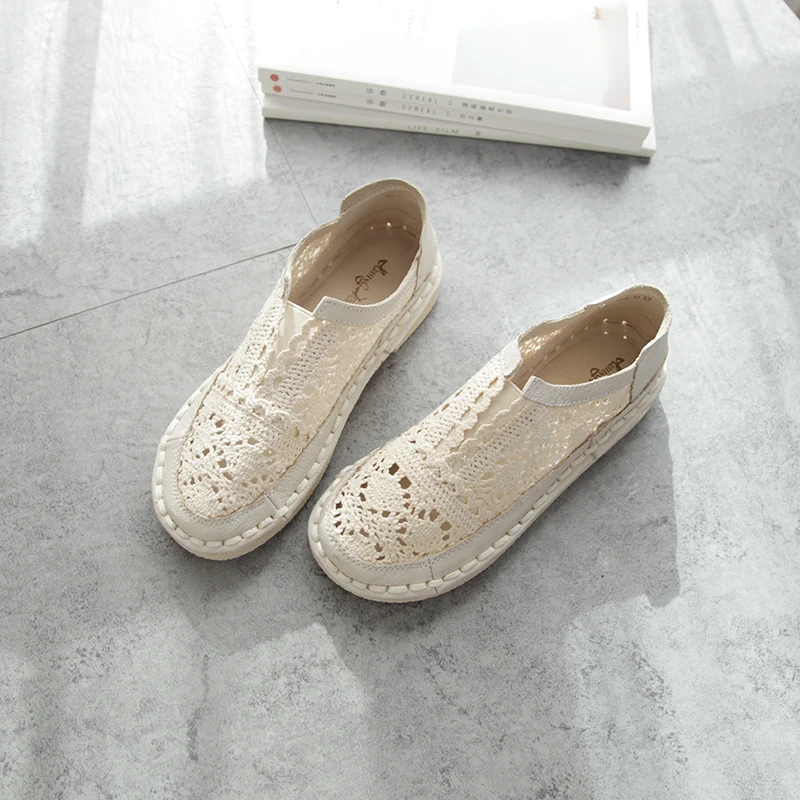 Genuine leather shoes pure handmade lazy shoes lace hook Ladies flower casual shoes Sweet art flat shoes 2color