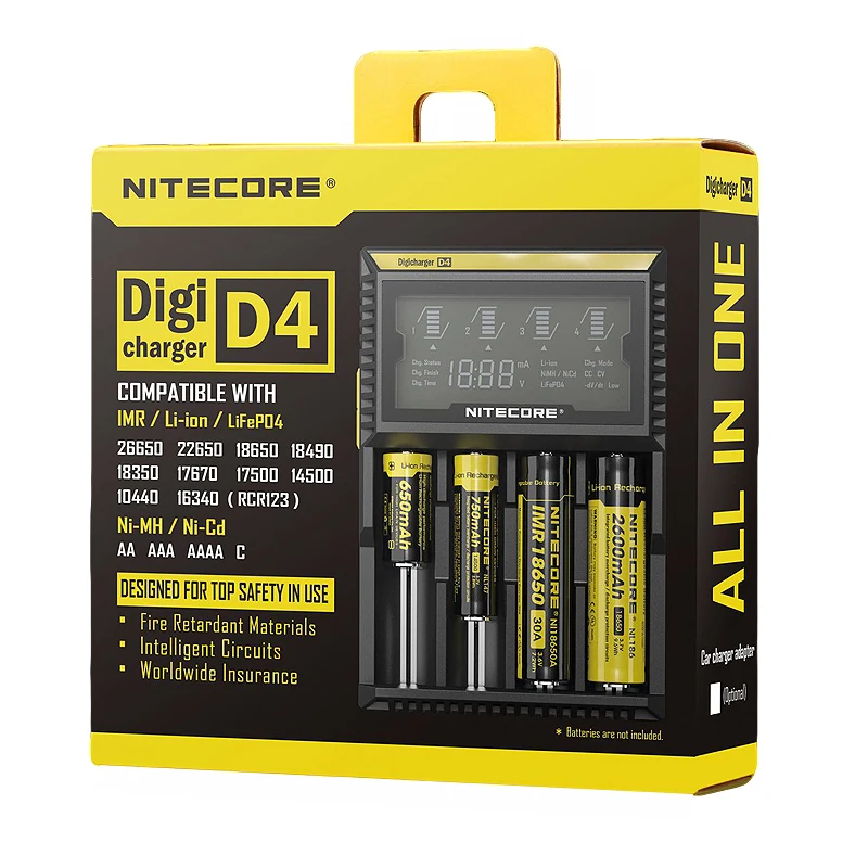 100% Original Brand Nitecore Battery Charger D4 D2 I4 I2 LCD Intelligent Charger Li-ion 18650 14500 16340 26650 AAA AA 12V