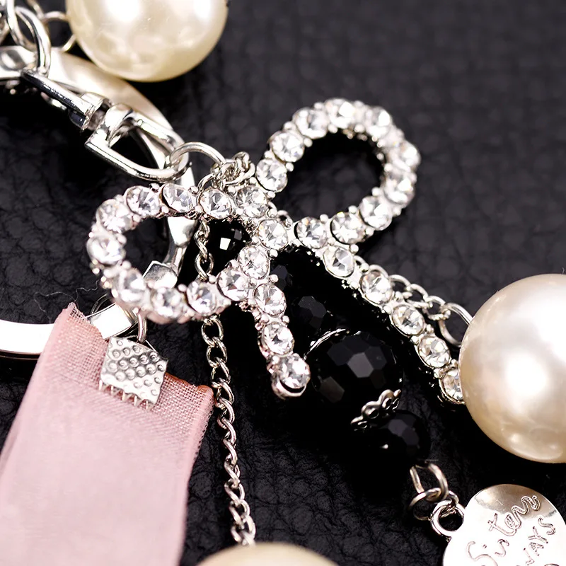 High Quality Simulated Pearl Beads Rhinestone Bowknot Keychain Alloy Key Chain Gift For Women Girl Car Bag Accessories Key Ring