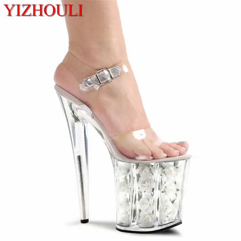 

20cm sexy high heels lady fashion clear sandals 8 inch white flowers for wedding dress Crystal shoes