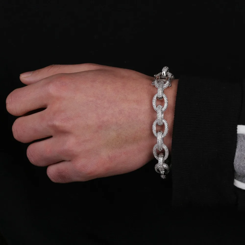 TOPGRILLZ 12mm Mens Charm Link Iced Out Cubic Zirconia Hip Hop Gold Silver Color Bracelets