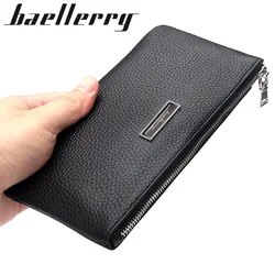 Genuine Cow Leather Men Lichee Pattern Slim Soft Long Zipper Wallet Male Coin Purse Money Pocket Pochette Clutch Bag Card Holder