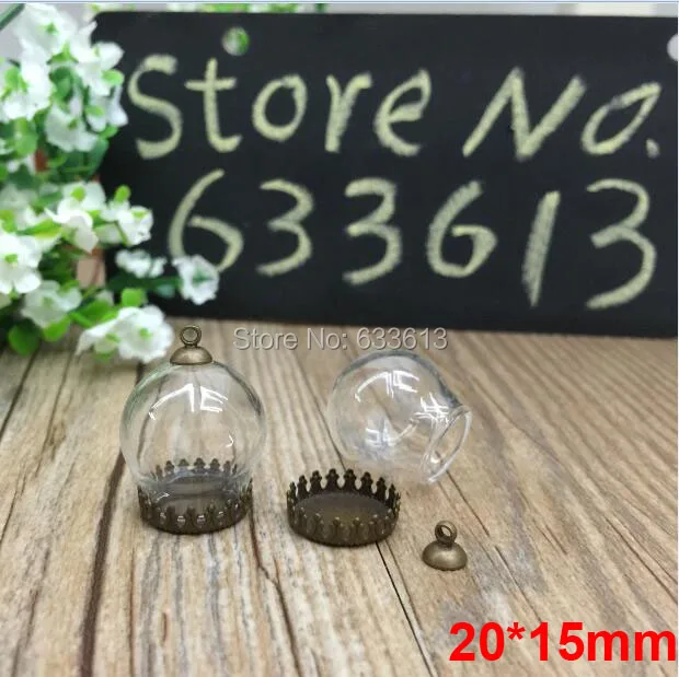 

SALE Free Ship! 20sets/lot 20mmx15mm(opening) Glass globe & base & cap connector set glass bottle glass cover vials pendant DIY