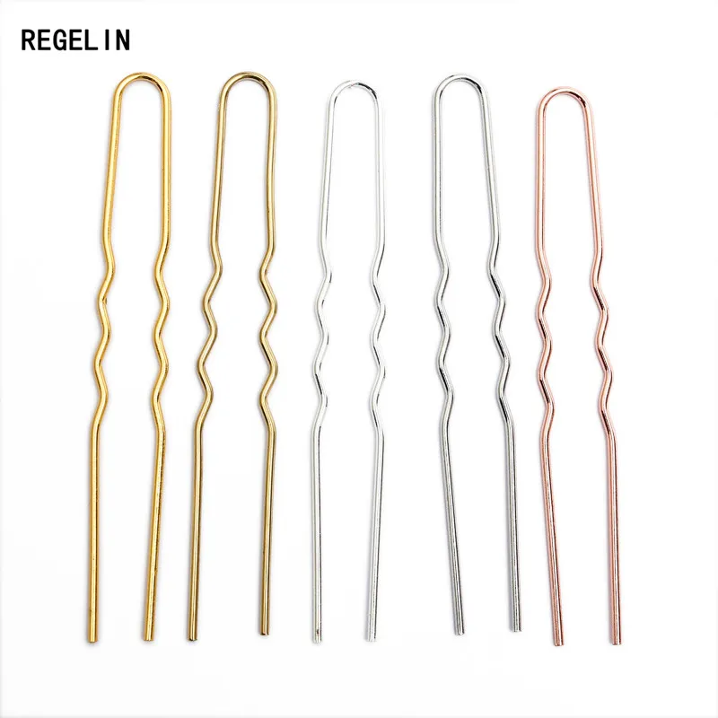 REGELIN 70mm*1.2mm Raw Brass Rose Gold Color Hair Sticks U shape Hair Pins Blank Base Setting For Women Jewelry Bulks 50pcs/lot