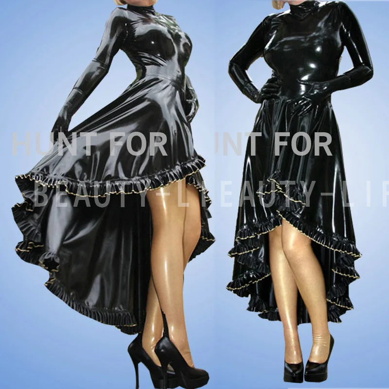 Latex Dress Sexy Long Skirt for party exotic sleeve with Ruffles Handmade miti layer hemline