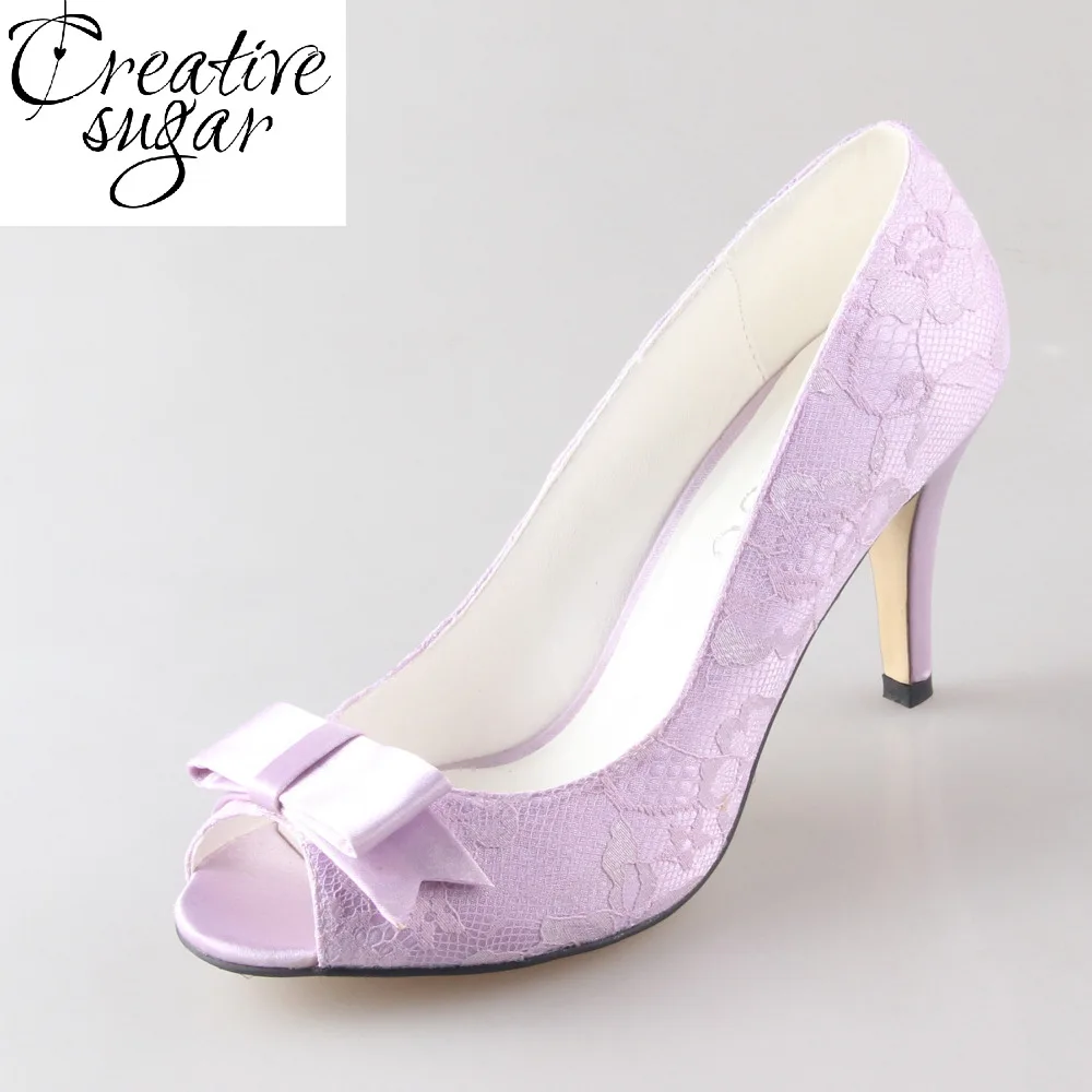 

Creativesugar lavender light purple lilac lace with bow knot lady wedding bridal party prom dress shoes pumps 8cm heel open toe