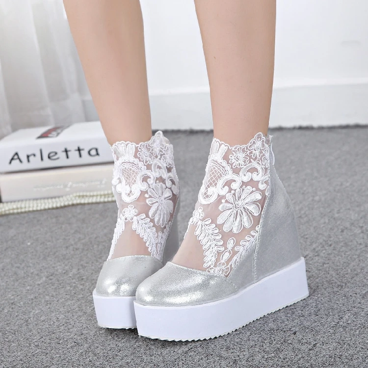 Fashion Sweet Lace Roman Shoes Women Wedge Heels White Black Platform Pumps High Heels Sandals