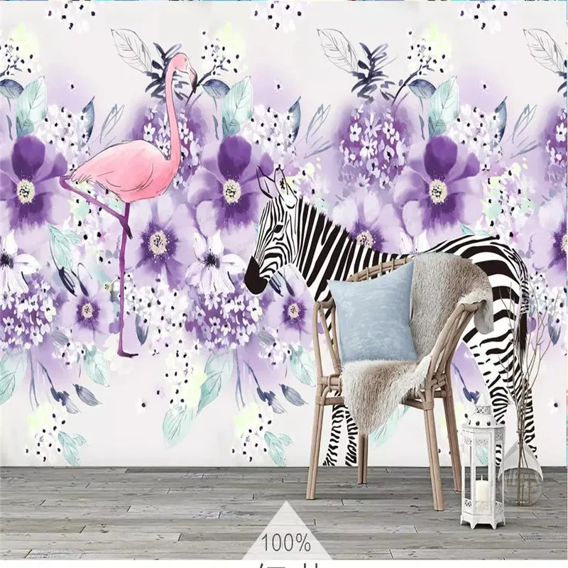 Nordic wallpaper fresh hand-painted zebra moving purple flower plant decoration painting high-grade waterproof material