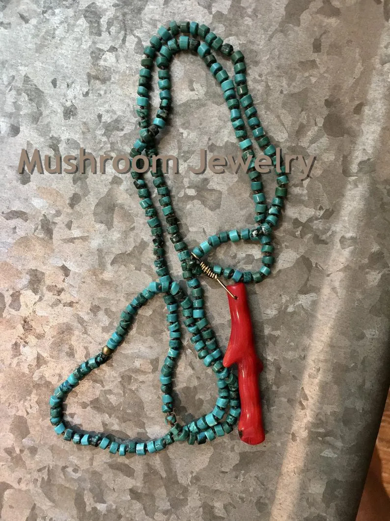 Turquoise Heishi with Coral Pendant Hand Knotted Turquoises Necklace