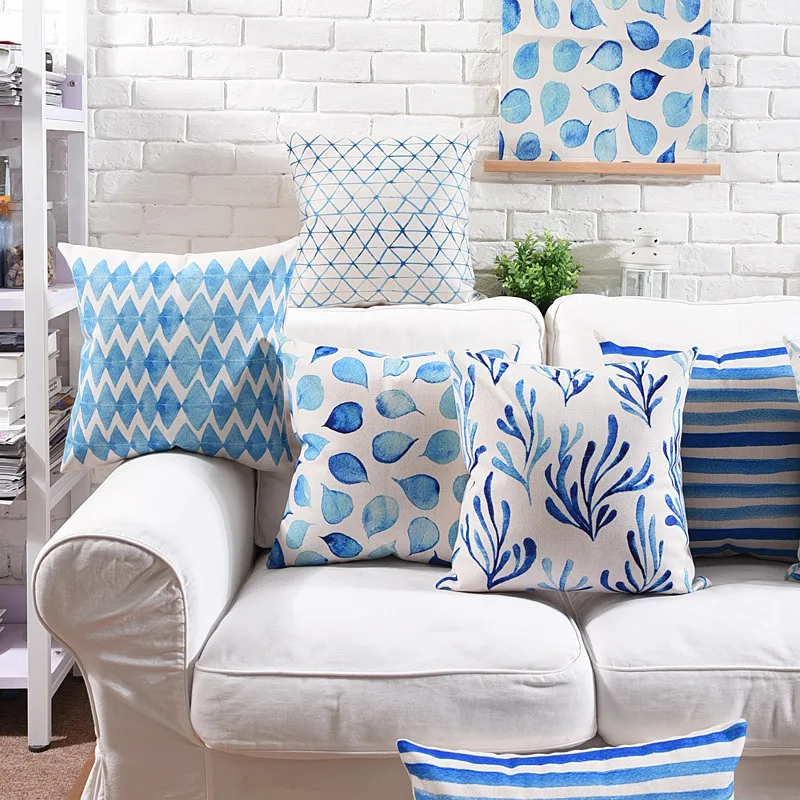 Mediterranean Watercolor Blue Christmas Pillow Cover Geometric Linen Cushon Cover Sofa Home Decorative Throw Pillows