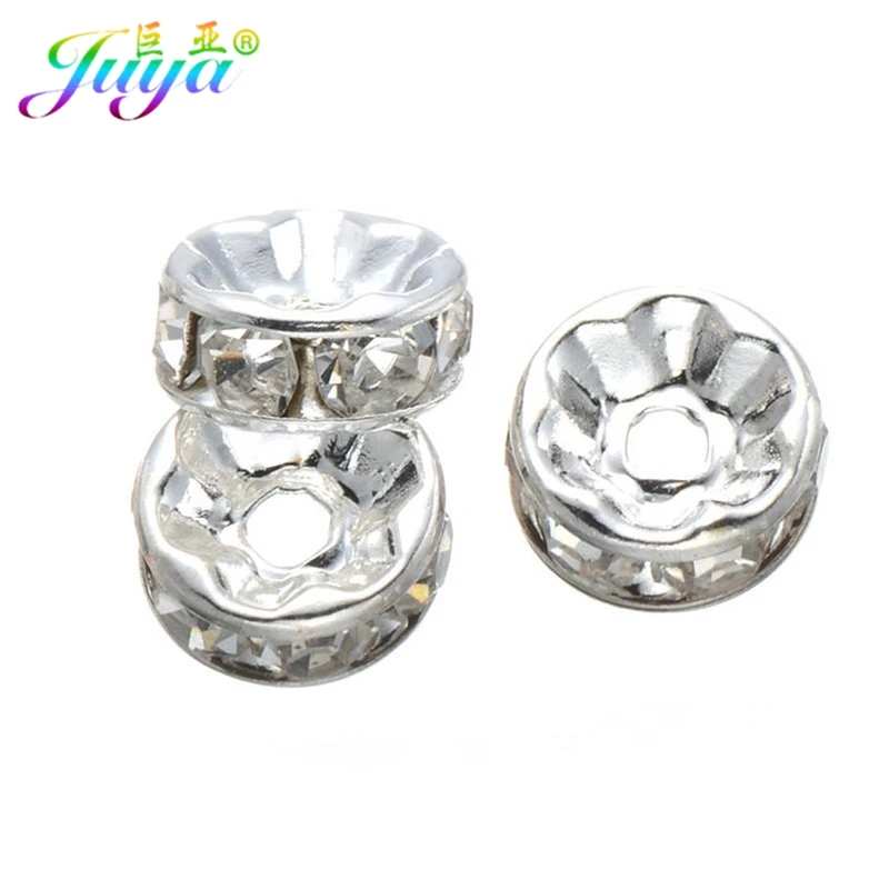 Juya 100pcs Wholesale DIY Spacers Beads Supplies Cz Rhinestones 8mm Metal Separator Beads For Handmade Beadwork Jewelry Making