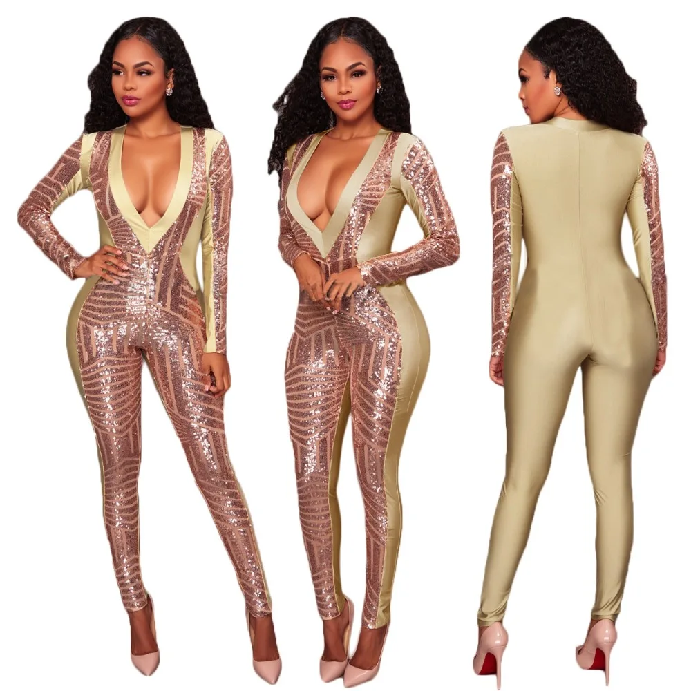 Sequined See-Through Slim One-Piece Suits Bodycon Bandage Jumpsuits Black apricot Sexy Playsuit Fashion Women Jumpsuis