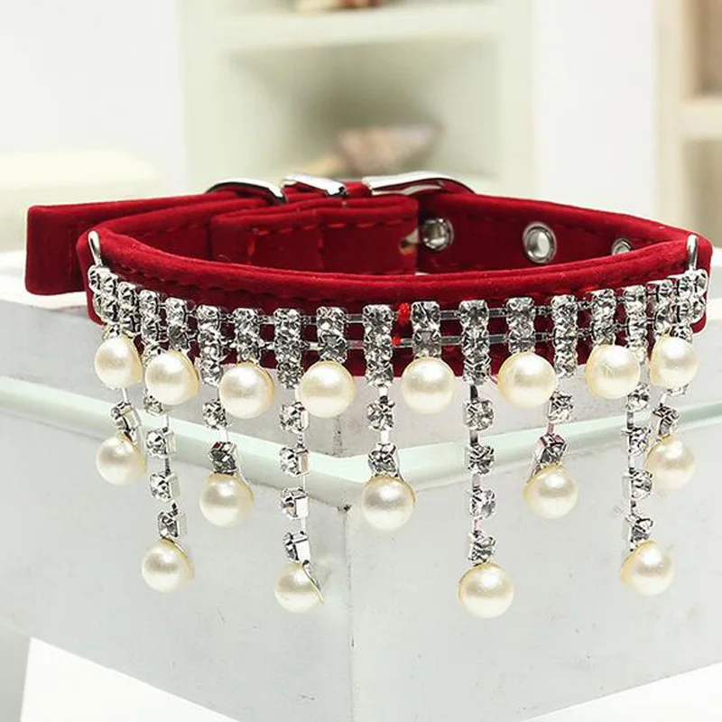 New Fashion Female Wedding Pet Products Cats Velvet Crystal Pearl Necklace Luxury Jewelry Dog Pet Cat Collar 5 Color 3 Size