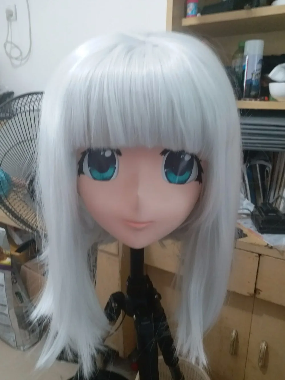 (KM9196)Custom made full head Anna Cosplay Kigurumi Mask With yellow wig and blue eyes