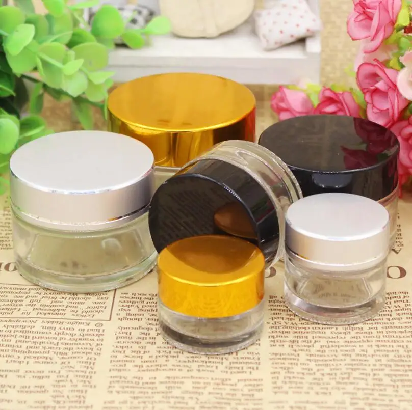 Wholesale 5G glass cream container,5ml glass cream jar with gold/silver/black cap, 5g glass cosmetic case