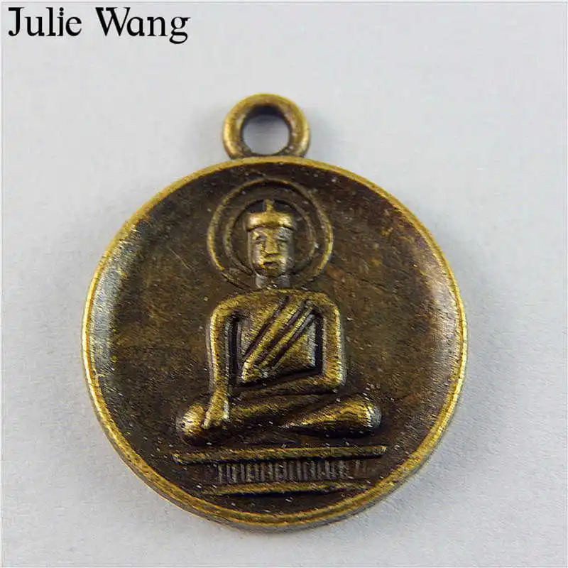 Julie Wang 20PCS Round Buddha Swastika Antique Bronze Alloy Charms Vintage Jewelry Necklace Pendants Finding DIY Phone Decor