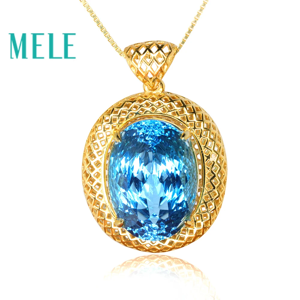 Natural Blue Topaz 925 sterling silver pendant for both women and man,big oval cut Gold plated Geometric pattern fine Jewellery