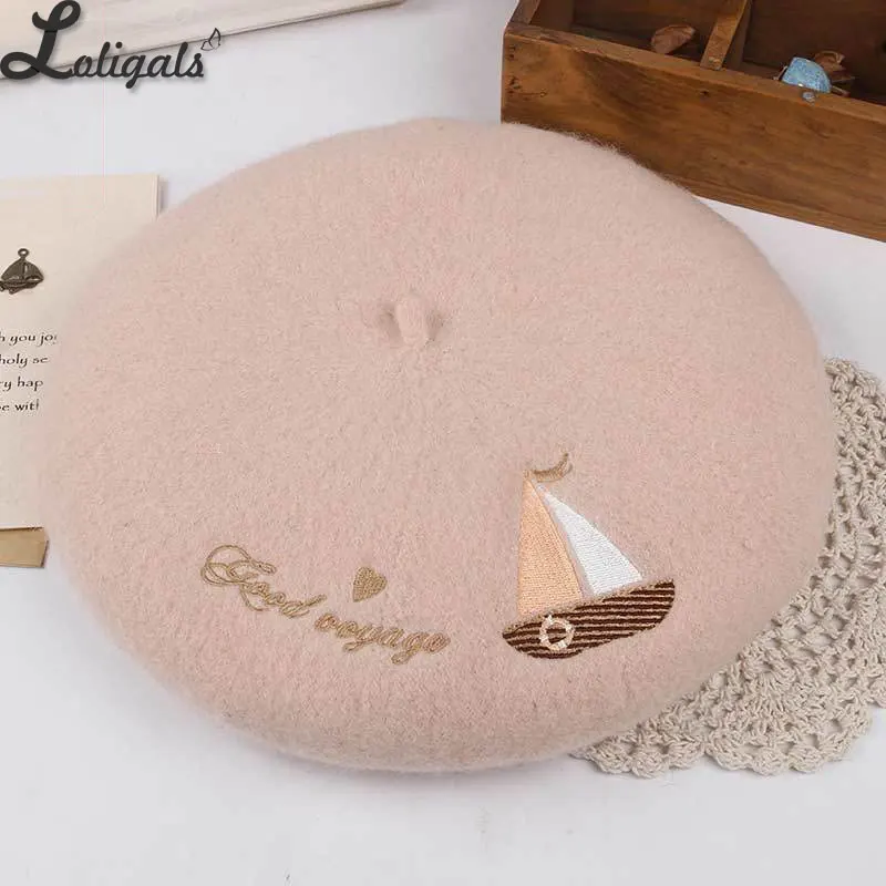 Sweet Women\'s Lolita Beret Wool Embroider Beret Hat Warm Winter Berets