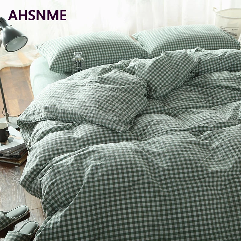 AHSNME 100% Cotton Nevresim Takimlari Super Soft Bedclothes Cool Summer Light Green Small Plaid Duvet Cover comforter posciel