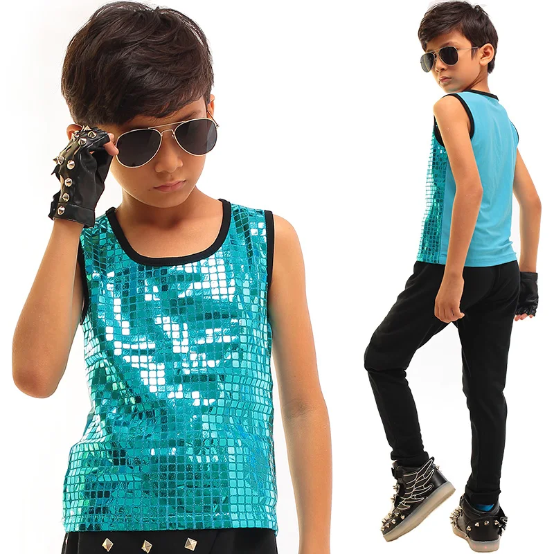 Boy Jazz Performance Costume Singer Children Hip Hop Dancing Clothes Sequin Vest Black T-Shirt Boys Tops Dance Wear DNV10056