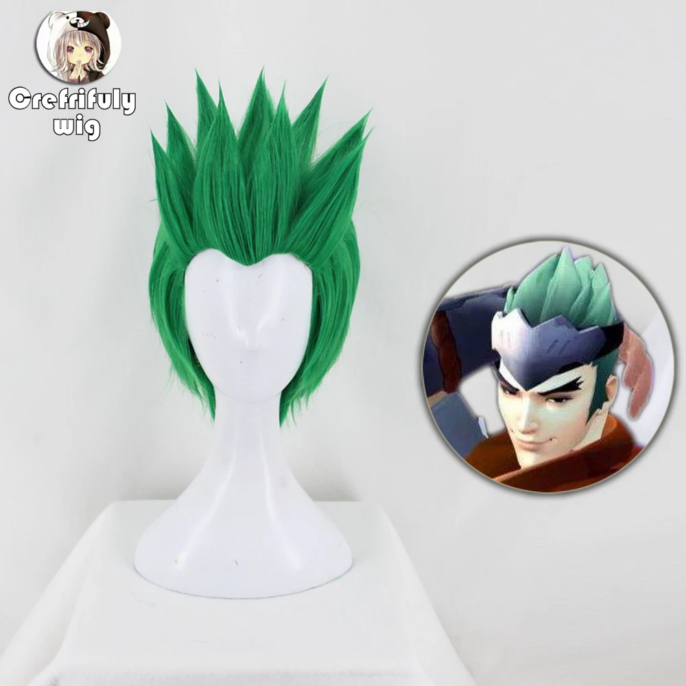 Anime Overwatch Genji OW Short Green Cosplay Costume Wig Slicked-back Heat Resistant Synthetic Hair + Free Wig Cap