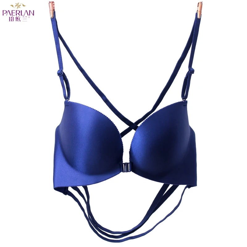 PAERLAN Wire Free Front Button Female Sexy Bra Glossy Seamless Push Up Cross Small Shoulder Strap Underwear Women Racerback