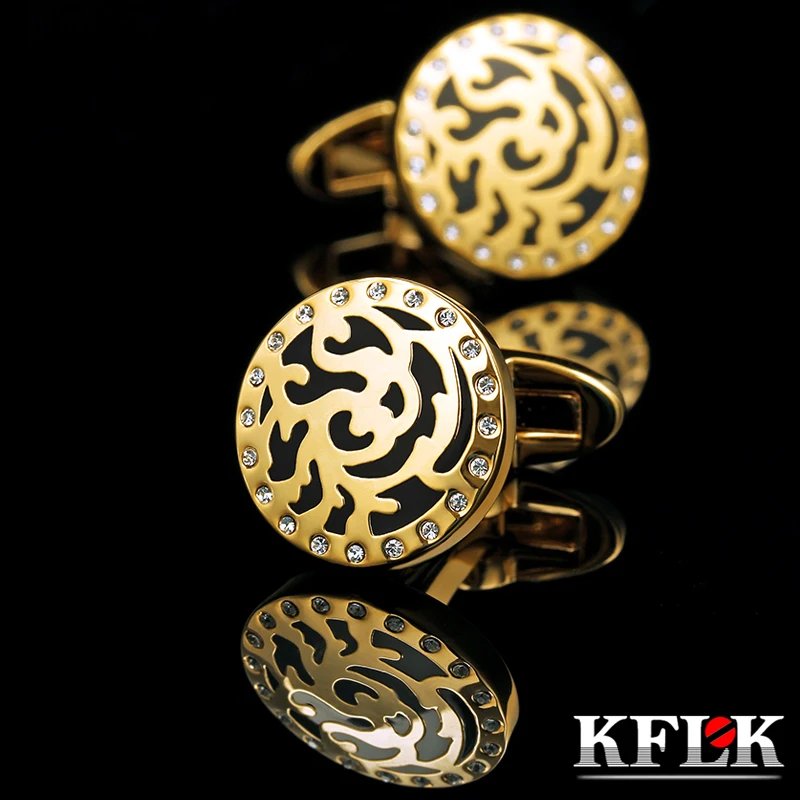 

KFLK Jewelry French shirt cufflinks for mens Brand Round Cuff links Luxury Wedding Button Gold-color High Quality guests