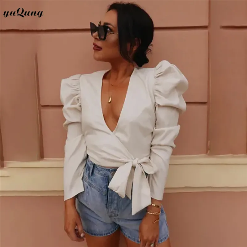 Yuqung Vintage Long Puff Sleeve Blouse Shirt Women Satin V Neck Crop Blouse Female Lace Up Crop Top and Blouses Chemisier Femme