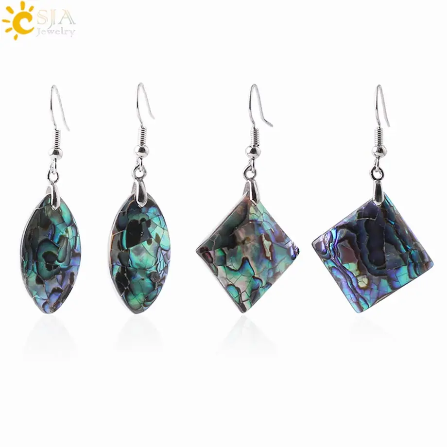 CSJA Natural Abalone Shell Water Drop Earrings Square Flat Paua Shells Geometric Dangle Earring for Women Casual Jewellery F950