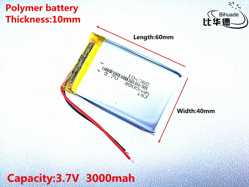 10pcs/lot 3.7V 3000mAh 104060 Lithium Polymer Li-Po li ion Rechargeable Battery cells For Mp3 MP4 MP5 GPS PSP