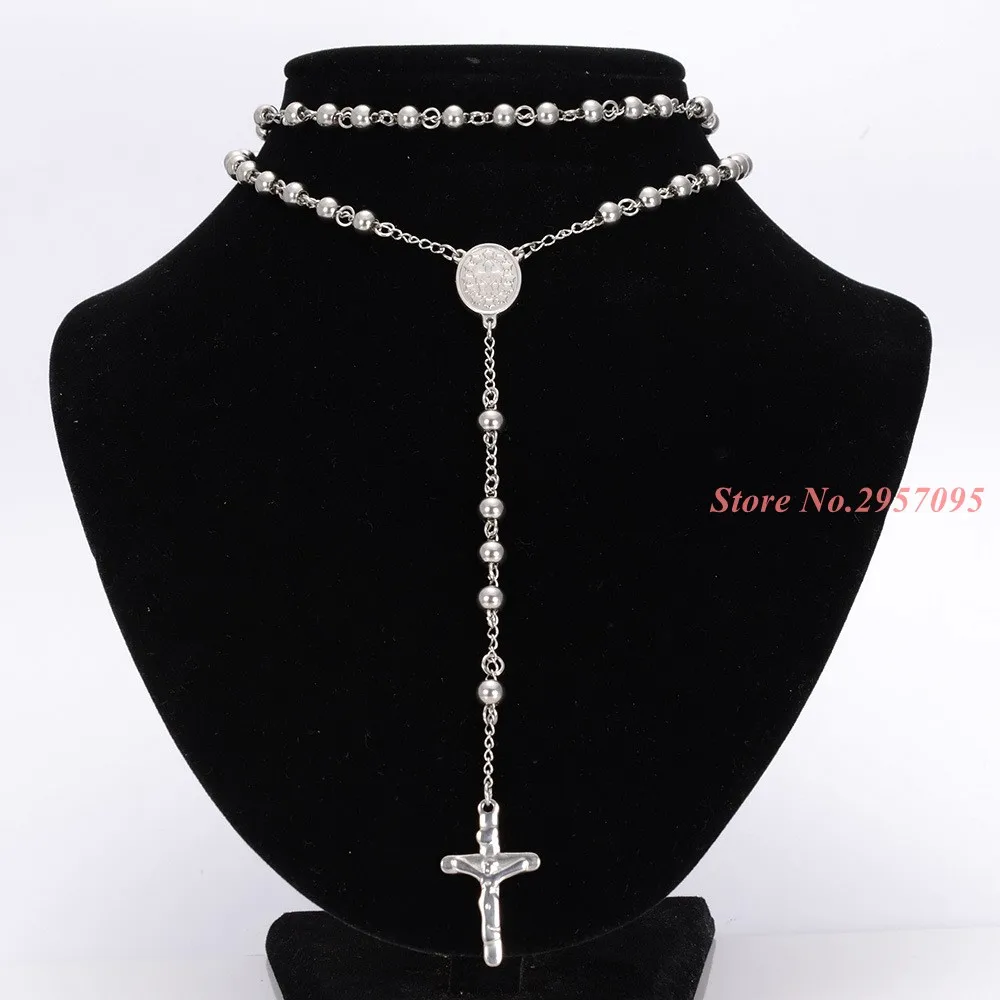 4/6/8/10MM Fashion Jewelry Womens Mens Necklace Top Quality Stainless Steel White Bead Rosary Chain Jesus Christ Cross Pendant