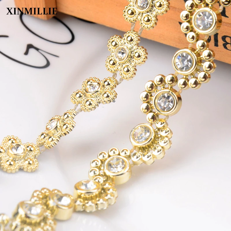 New 5yard/Lot Rhinestone Trim Gold Base Flower Chain Wedding Decoration Bridal Applique Stone And Crystal Banding For Clothing