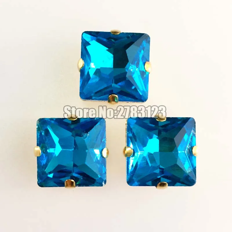 

Free shipping 20pcs/pack 12mm 14mm Square shape flatback AAA+ Glass Crystal lake blue sew on claw rhinestones with Gold bottom