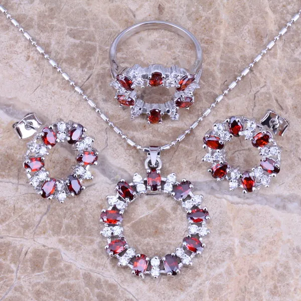 Good-Looking Red / White Cubic Zirconia Silver Plated Jewelry Sets Earrings Pendant Ring S0143