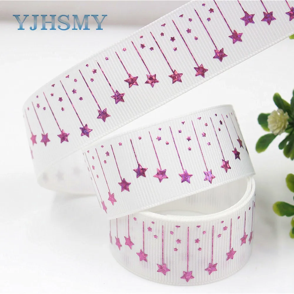 YJHSMY G-18609-400,25 mm 10 yards laser Silver Colored pentagonal stars Printed grosgrain ribbon DIY headdress wedding gift wrap