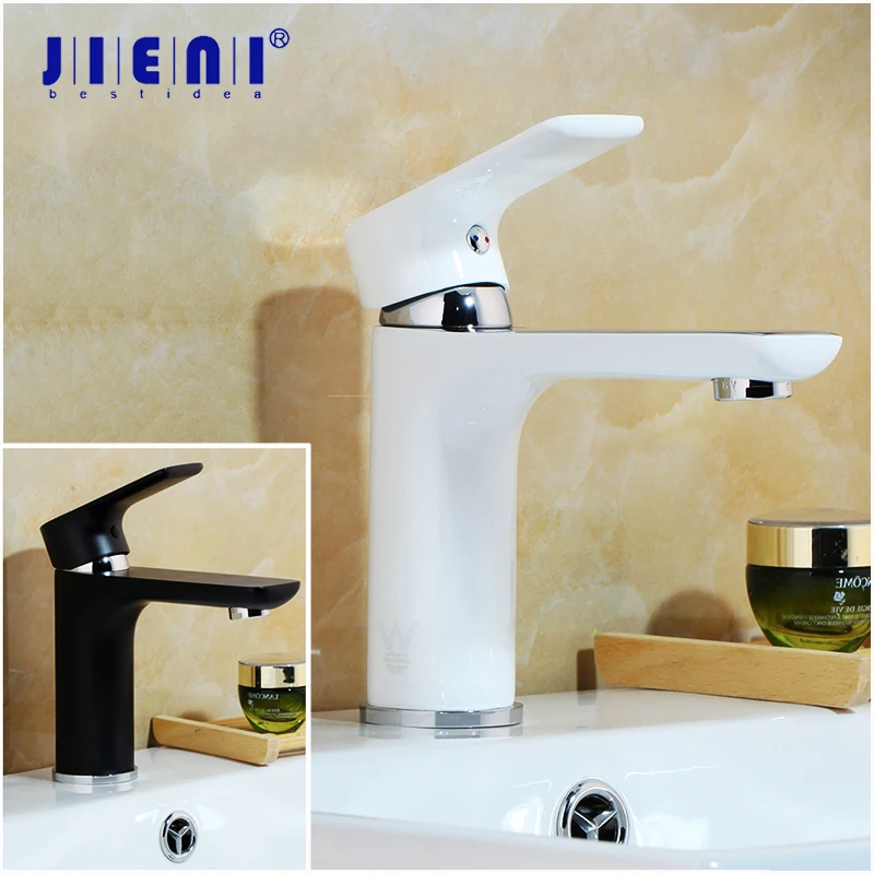 JIENI Black White Painting Solid Brass Bathroom Mixer Basin Faucet Deck Mounted Bathrom Wash Basin Mixer Tap Faucet