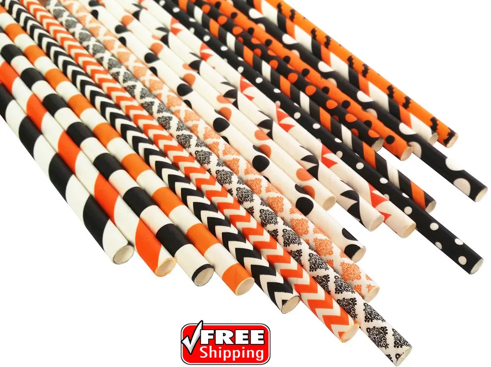 

1000 Pcs Pick Styles Paper Straws-Disposable Halloween Drinking Party Orange Pumpkin Spooky Skull Bat Black Spider Ghost Cobweb