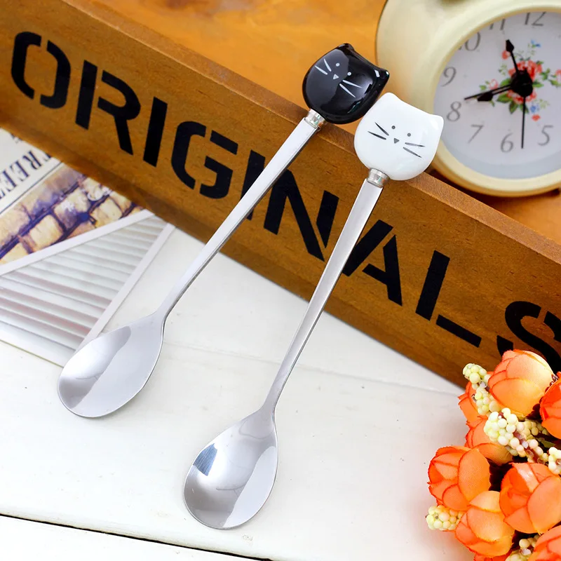 300Pcs/Lot Cartoon White Black Cat Spoon Stainless Steel Tea Coffee Ice Cream Spoons Tableware Decor Wholesale LX1304