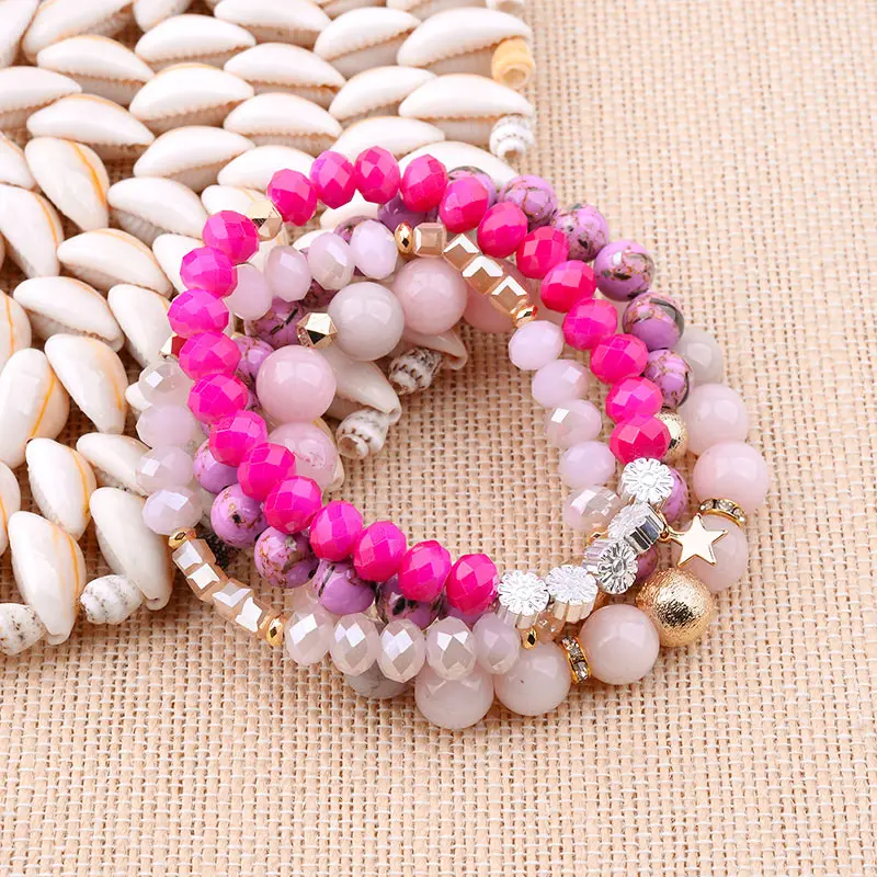 BOJIU 4 Pcs/Set Multiple Layers Natural Stone Crystal Bracelets Women Elastic Crystal Rhodonite Howlite Beads Bracelets BCSET254