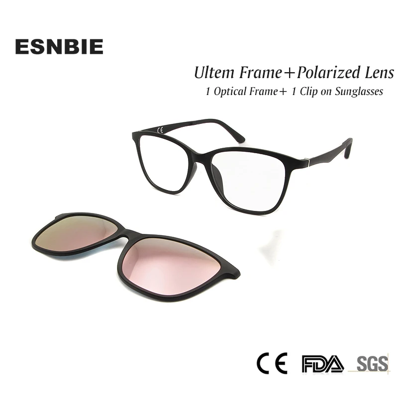 

ESNBIE Fashion Ultem Womens Eyeglass Frames with Clip on Sunglasses Polarized Lens Pink Mirrored Lenses Shadow UV400 Protection