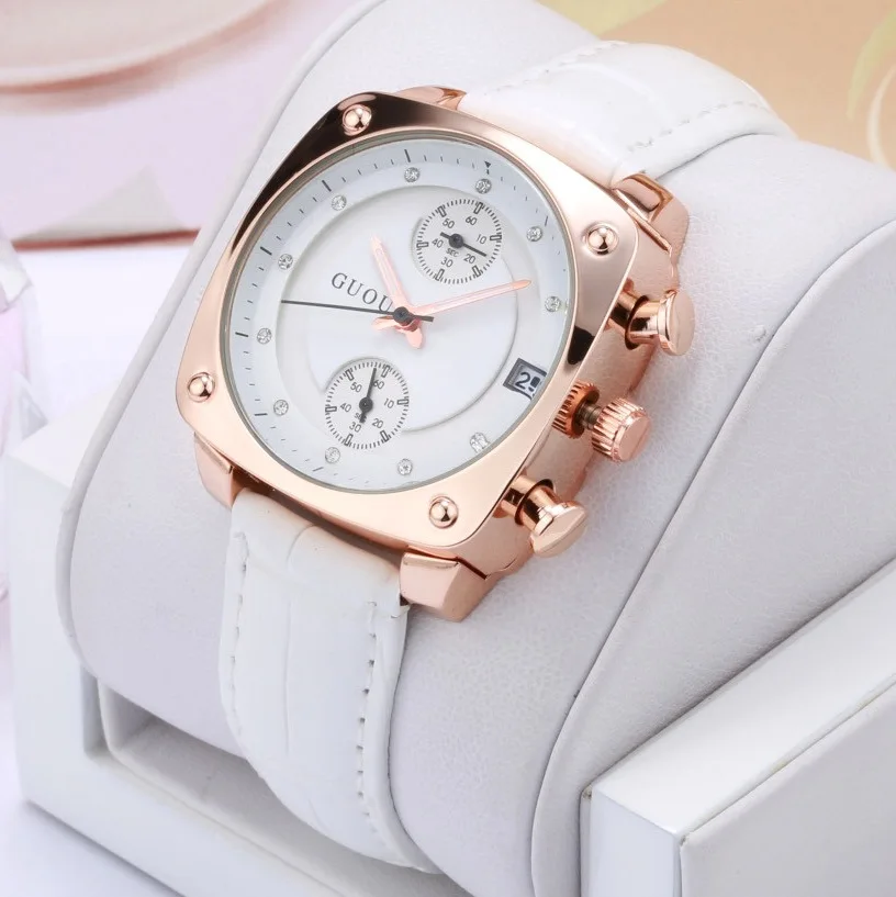 Fashion GUOU Brand Watch Luxury Crystal Rose Gold Women Watch Genuine Leather Ladies Auto Date Lady Hour Clock relogio feminino