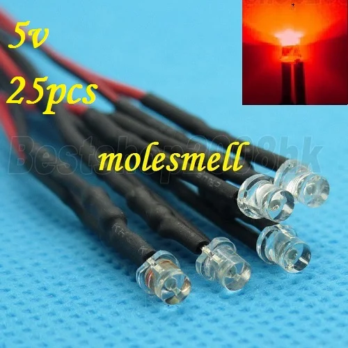 Free shipping 25pcs 3mm 5v Flat Top Red LED Lamp Light Set Pre-Wired 3mm 5V DC Wired 3mm big/wide angle red 5v led