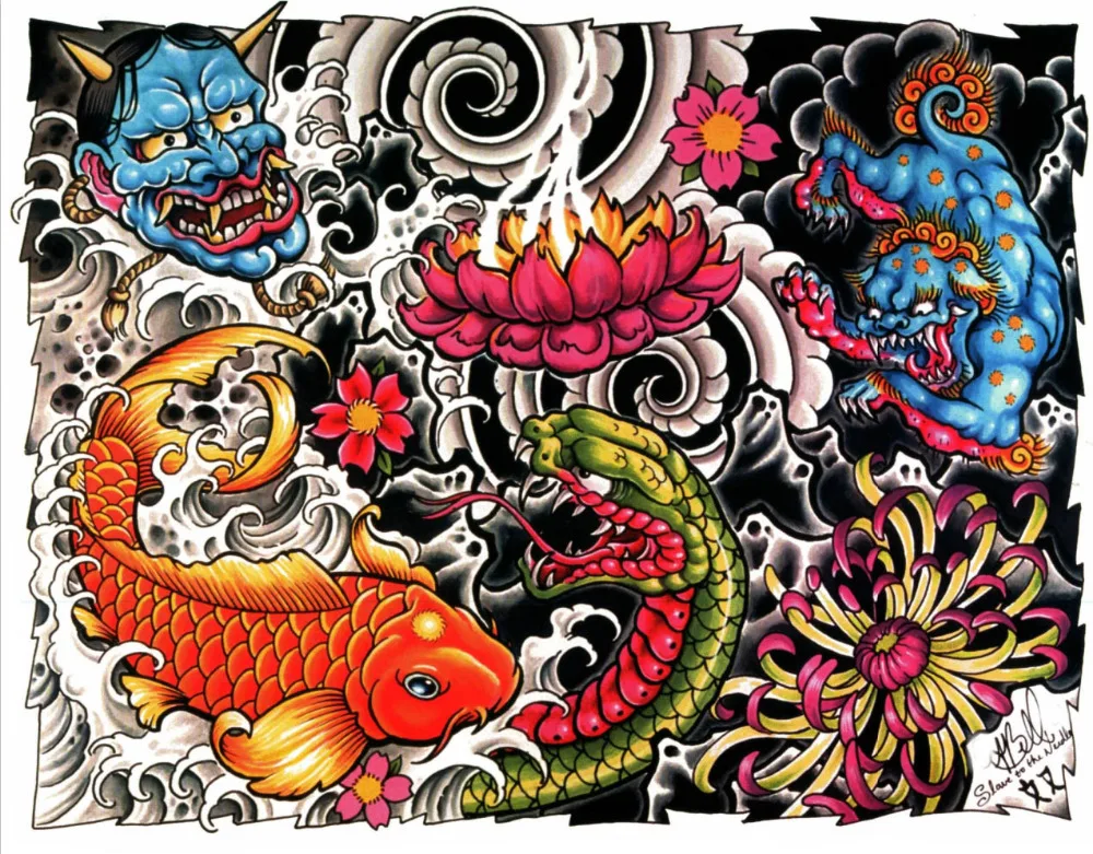 7x5FT Vintage Dragon Tattoo Pattern Wall Goldfish Custom Photo Studio Backdrop Background Vinyl 220cm x 150cm