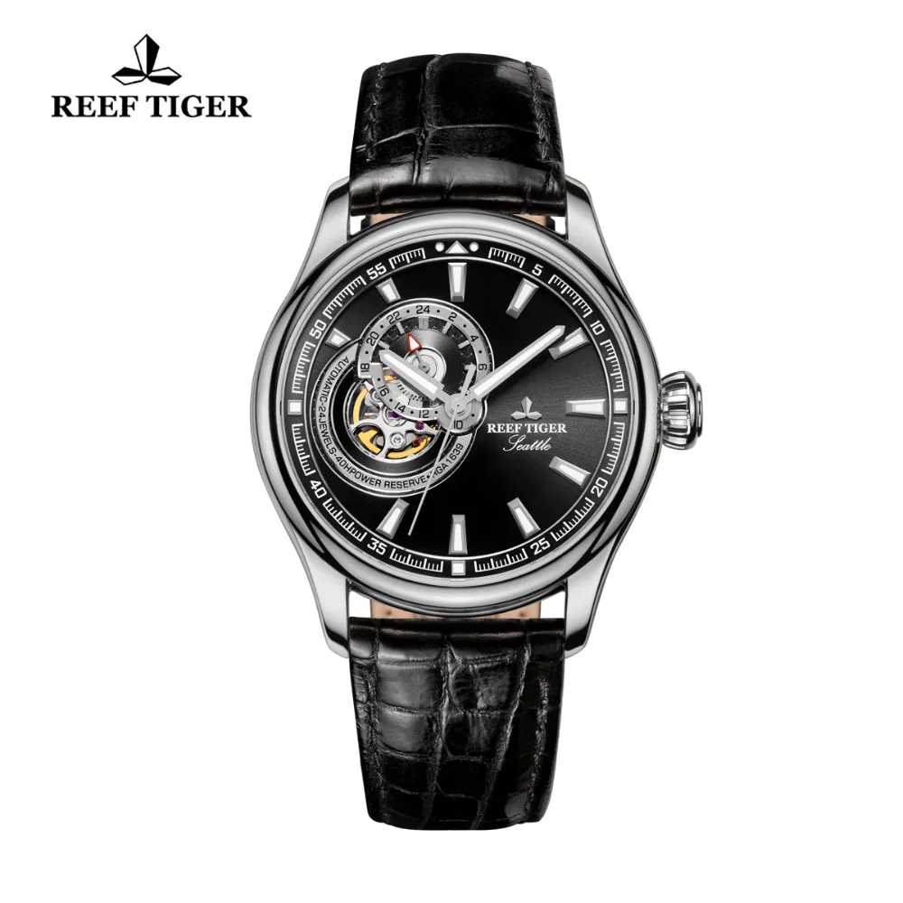 Reef Tiger/RT Skeleton Casual Watch for Men Black Dial Automatic Analog Watch Leather Strap Tourbillon Wrist Watches RGA1639