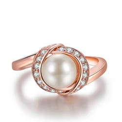 Double Fair Classic Imitation Pearl Wedding Engagement Rings For Women Rose Gold Color Zircon Finger Ring Jewelry DFR670