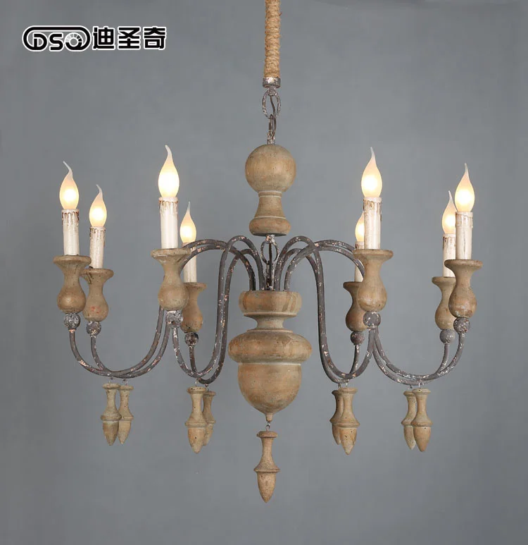 8 Lights Vintage Amercian Rustic Wooden & Iron Chandelier, Living Room Hotel and Bedroom Lighting