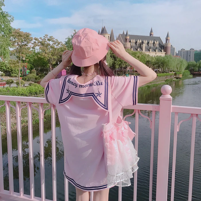 Princess sweet lolita shirt Bobon21 lazy people don't pick people Navy wind cat ears embroidered long T-shirts women T1611