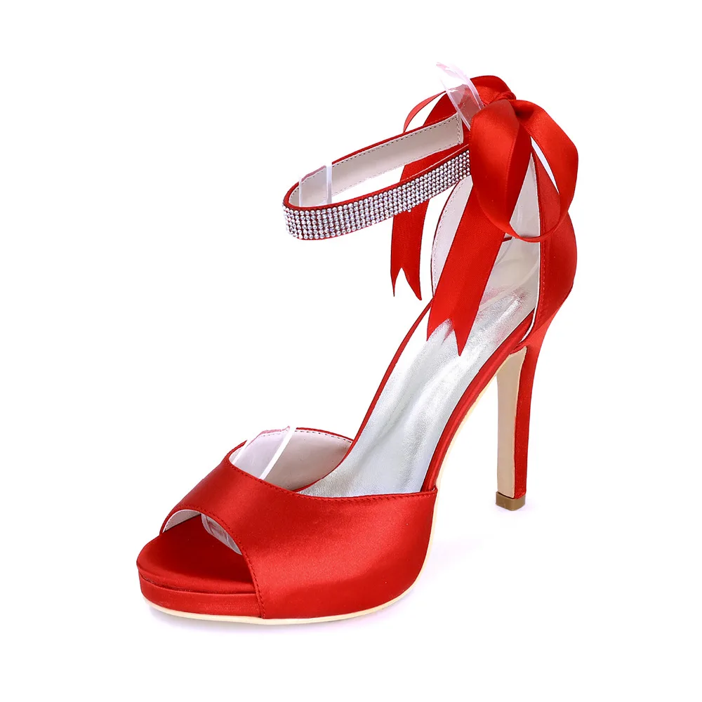 Creativesugar-zapatos de tacón elegantes de satén para mujer, calzado de vestir de noche con diamantes de imitación, Punta abierta, correa en el tobillo, lazo, fiesta, boda, azul y rojo